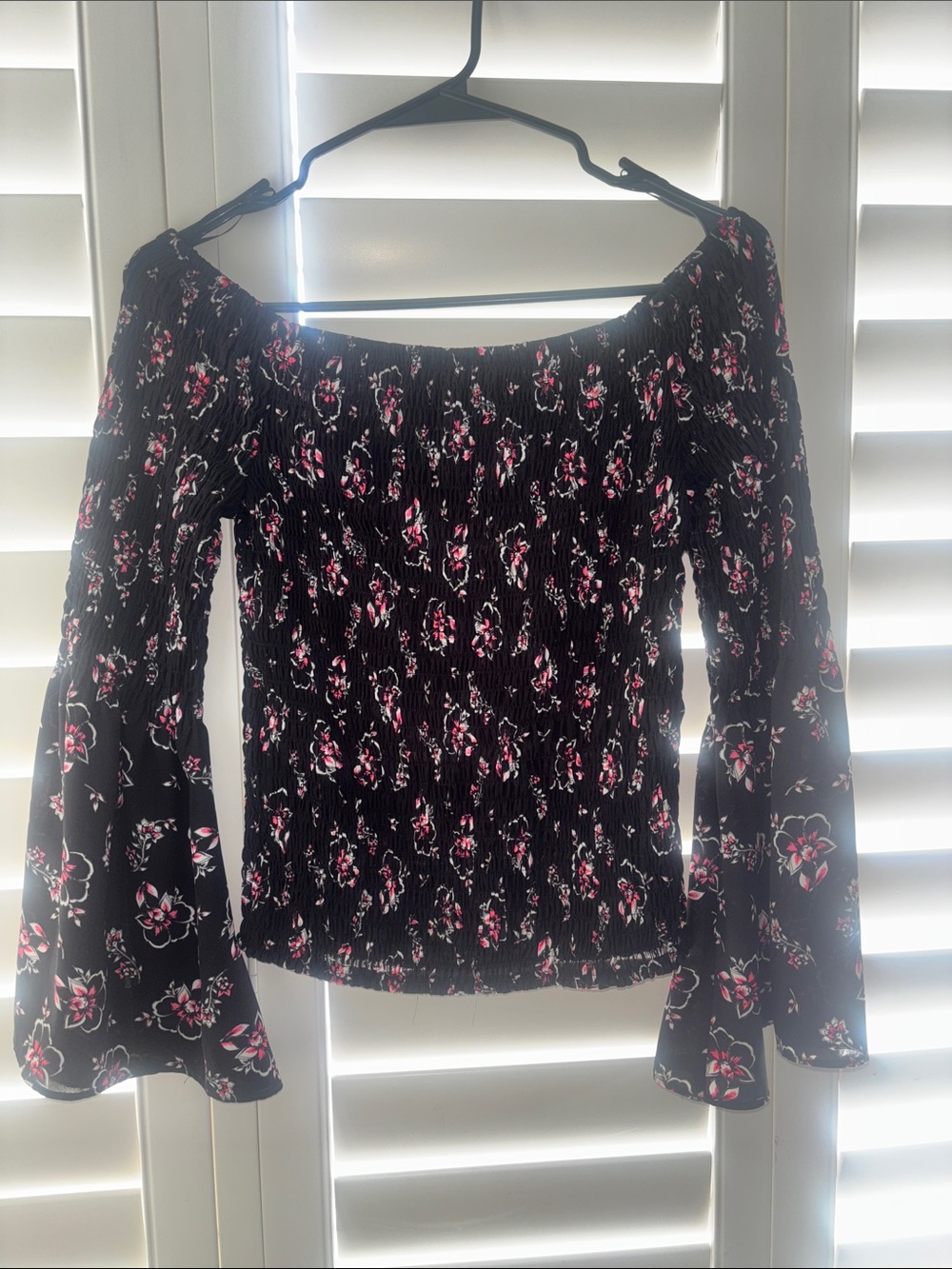 Express Black Off-Shoulder Floral Bell-Sleeve Top